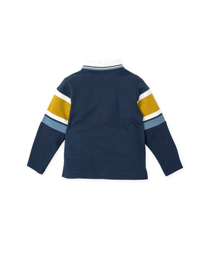 Stylish Navy Blue Polo Shirt with Striped Accents