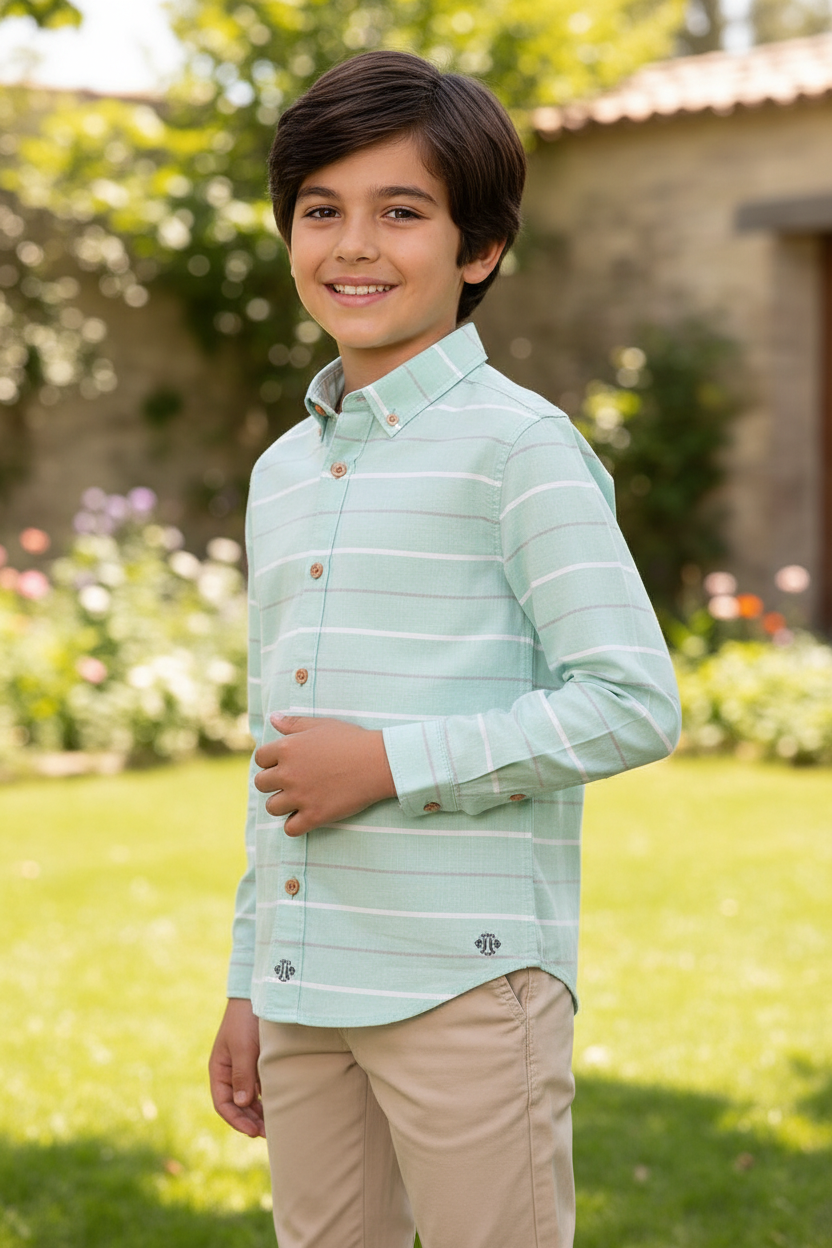 Sea Green Striped Cotton Shirt for Kids by Tutto Piccolo