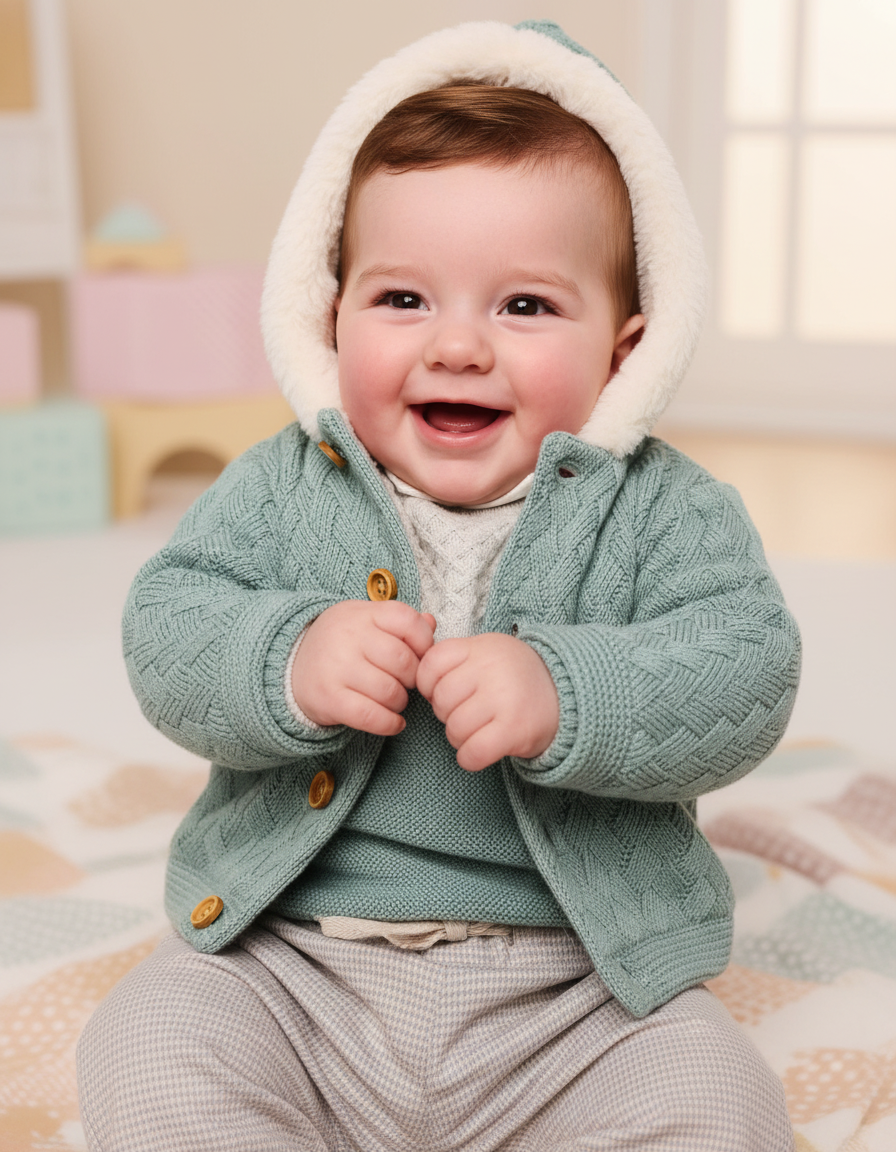 Beige Gingham Baby Pants with Cozy Sweater Lining