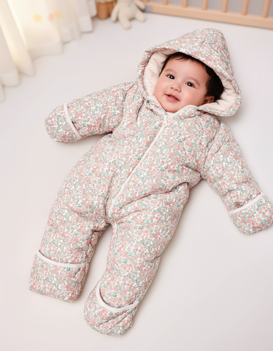 Cozy Newborn Pink Floral Snowsuit with Fleece Lining
