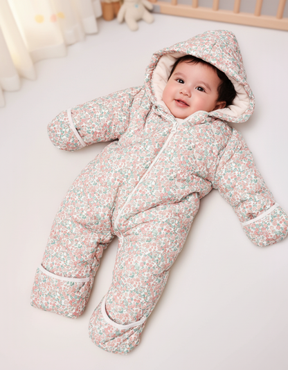 Cozy Newborn Pink Floral Snowsuit with Fleece Lining